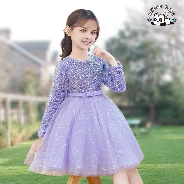 LEZONKIDS - 2024 Novas Tendências de Vestidos com Lantejoulas Roxos para Crianças com Mangas Longas para Primavera e Outono